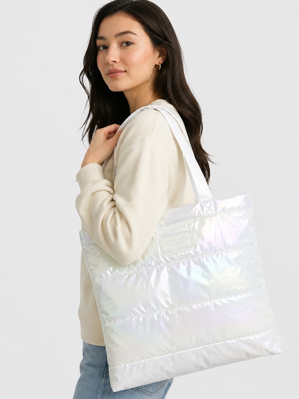 NWT Bath & Body Works 2023 Limited Edition Iridescent Puffer Tote Bag White